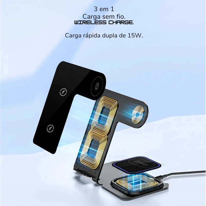 Base de Carregamento Indutivo 3 em 1, Carregador Wireless Bluetooth