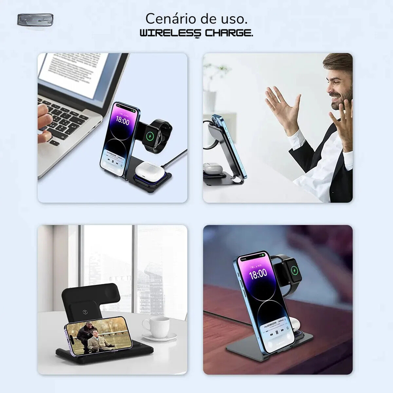 Base de Carregamento Indutivo 3 em 1, Carregador Wireless Bluetooth